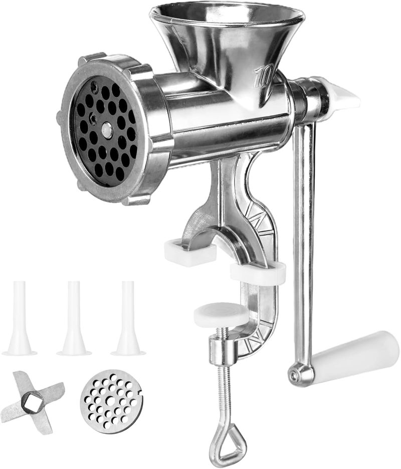 TIMCORR Manual Meat Grinder,304 Stainless Steel Hand Meat Grinder for Home Use, Food Grinder Manual Mincer Hand Crank with 3 Sausage Funnels, Hand Operated Kitchen Tool for Pork, Chili, and Sausage, Silver - Image 2